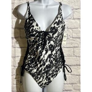BAR III Heat Wave Push-Up Lace-Up Stretch V Neck One Piece Suit Black White M